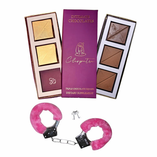 Cleopatra Luxury Chocolate Gift Set – A delightful treat crafted for indulgence and celebration. Rich in flavor, vegetarian, and gluten-free (60g). Comes with a playful surprise accessory, making it a unique gift for couples or special occasions.