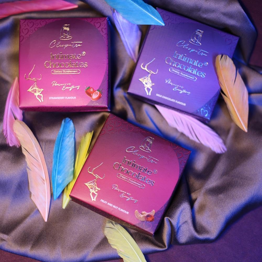 Cleopatra Dark Chocolates for Couples | Boost Mood, Vitality & Desire | Honeymoon, Gift for Girlfriend, Boyfriend, Men & Women | Milk, Fruit & Nut, Strawberry Combo Pack