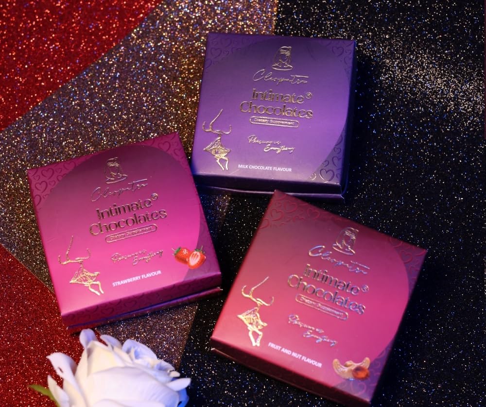 Cleopatra Dark Chocolates for Couples | Boost Mood, Vitality & Desire | Honeymoon, Gift for Girlfriend, Boyfriend, Men & Women | Milk, Fruit & Nut, Strawberry Combo Pack